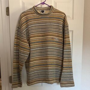 Maui and Sons Striped Crewneck Sweater - Gray, Yellow, and Blue